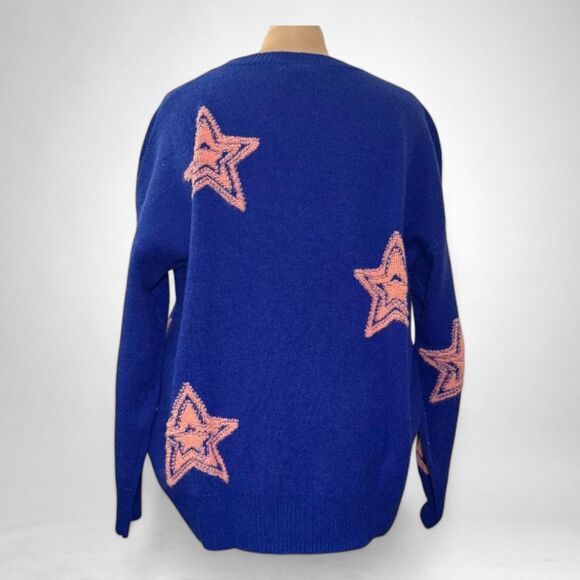 FANTASTIC FAWN Oversized Royal Blue and Pink All Over Star Sweater, NWOT! Large - Picture 4 of 9
